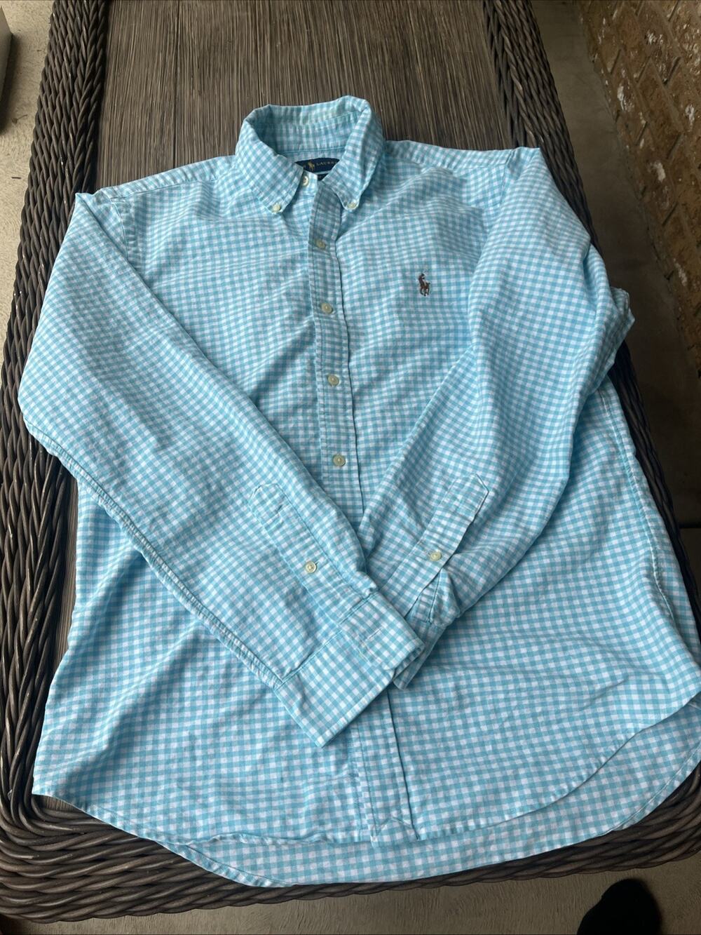 RALPH LAUREN SHIRT BLUE/WHITE Square mens Large. Slim Fit Long Sleeves